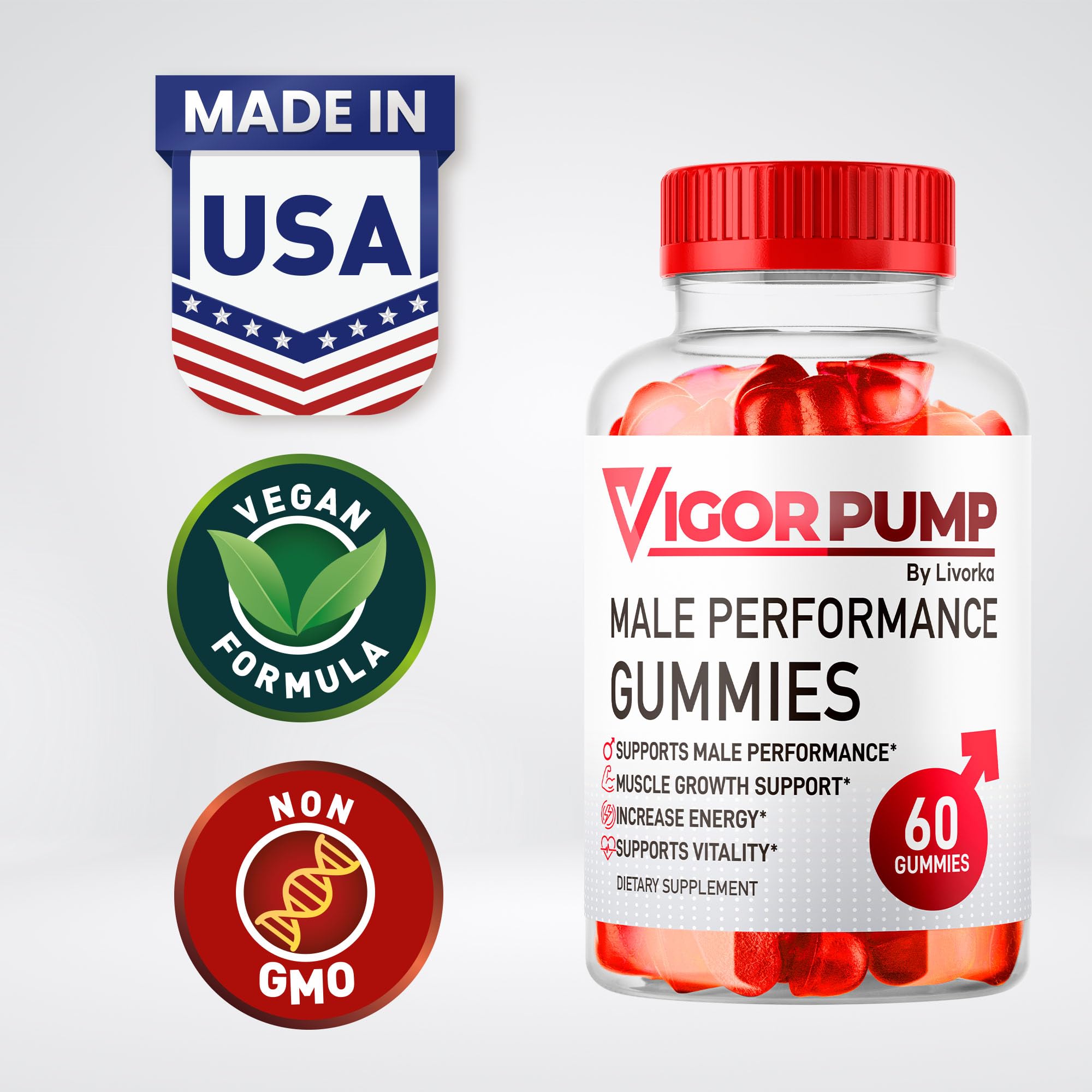 Livorka Vigor Pump Gummies label closeup shows ingredients and dosage.