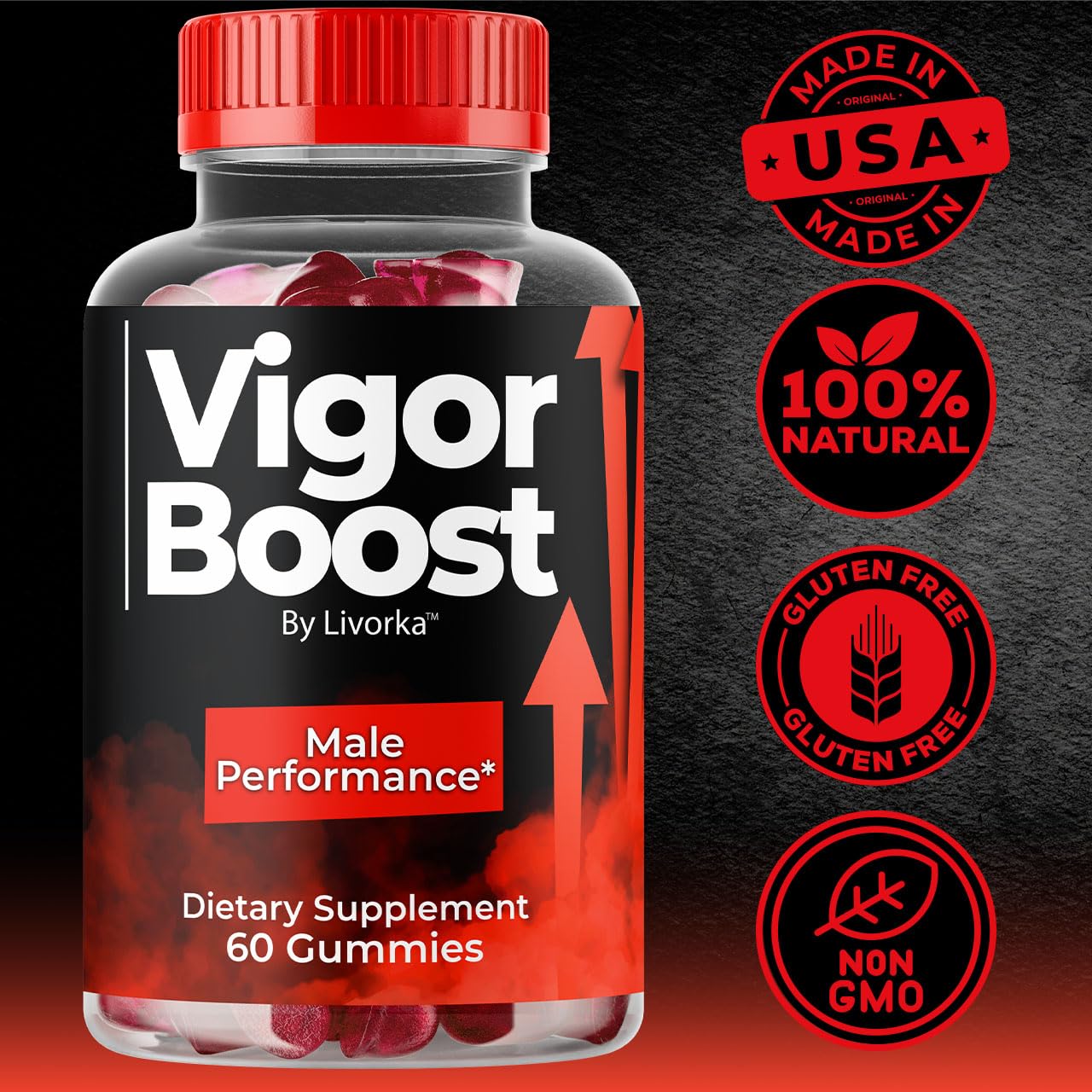 LIVORKA VigorBoost Gummies ingredient panel highlights natural components.