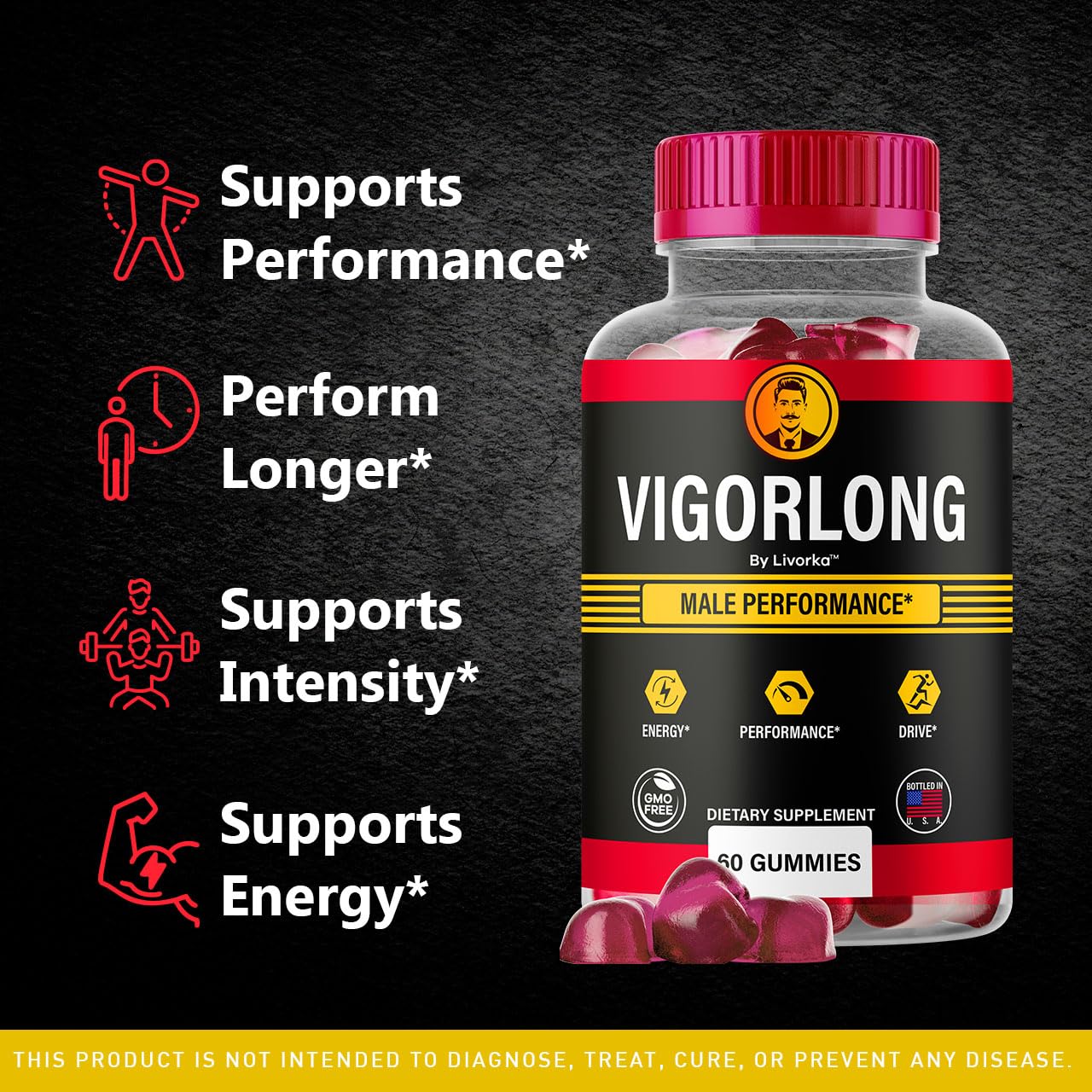 LIVORKA Vigorlong Gummies packaging front highlights premium natural formula for men's wellness.