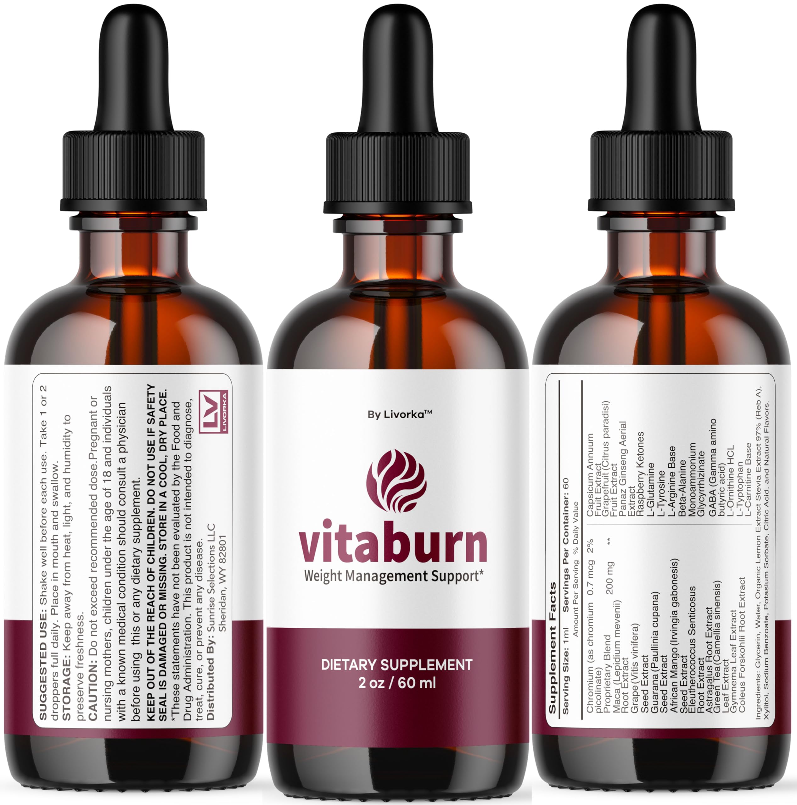 LIVORKA Vitaburn drops next to a healthy meal setting.