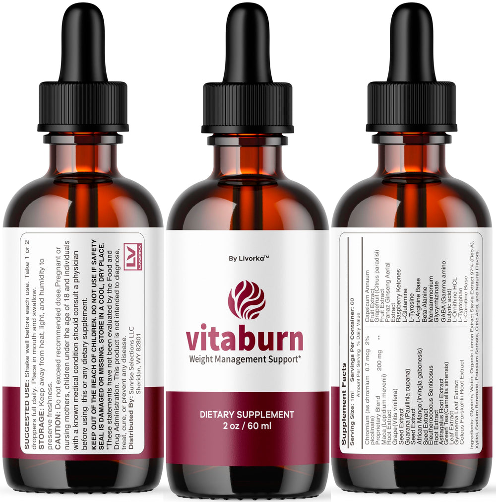 LIVORKA Vitaburn drops next to a healthy meal setting.