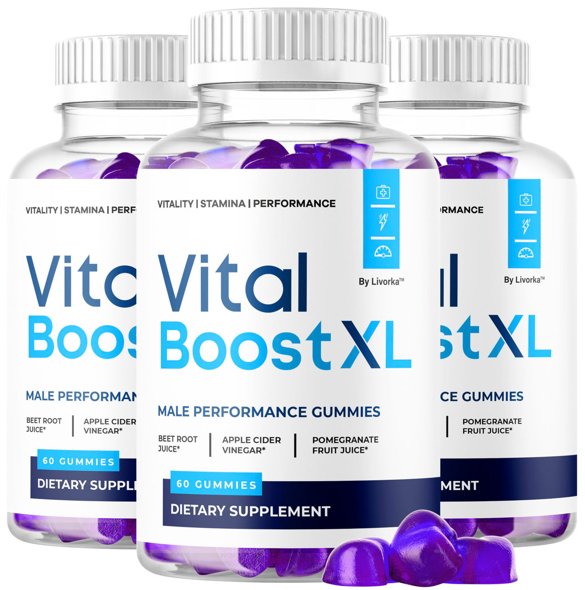 LIVORKA Vital Boost XL Gummies bottle front showing daily energy support