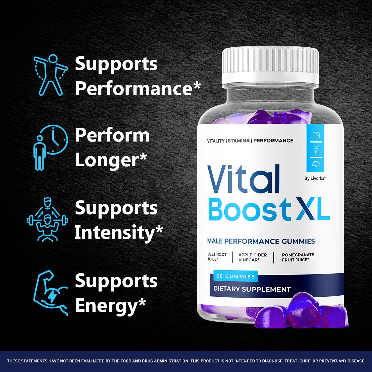 LIVORKA Vital Boost XL Gummies label close-up highlighting natural ingredients for wellness