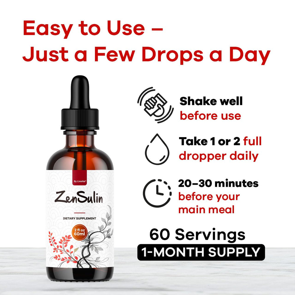 Close-up of Zensulin Drops label showing natural ingredients.