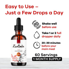 Close-up of Zensulin Drops label showing natural ingredients.