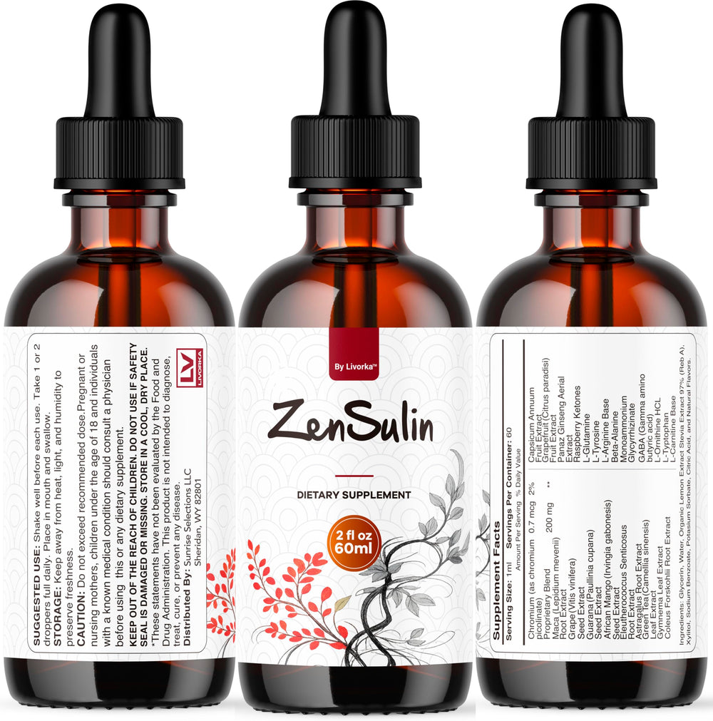 LIVORKA ZenSulin Drops natural all-purpose supplement scene suggests trust and ease of use.