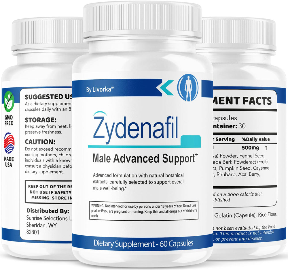 Pills arranged next to LIVORKA Zydenafil bottle ready for daily use