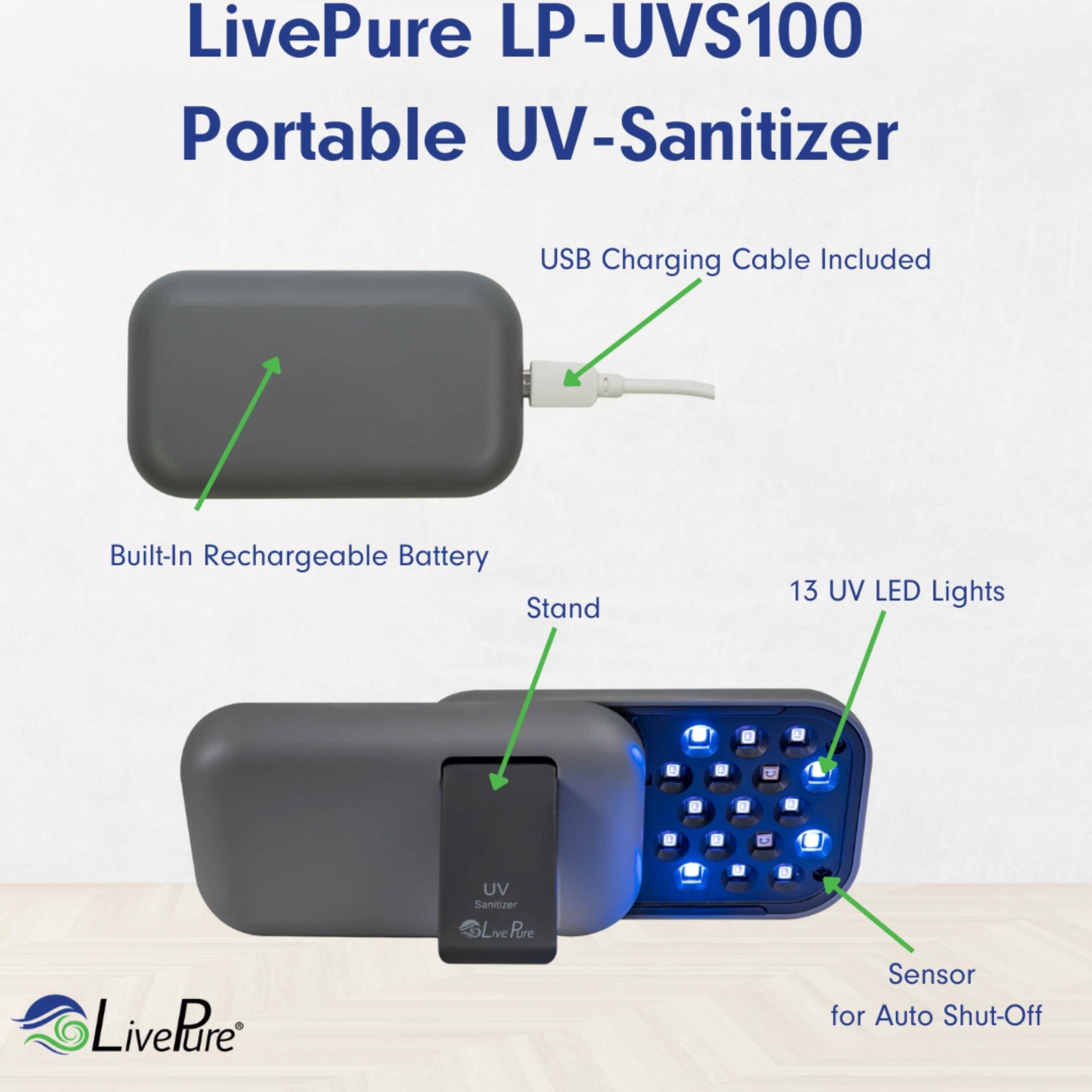 LivePure Leopard compact UV device charging via micro USB for convenient power.