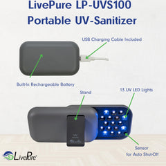 LivePure Leopard compact UV device charging via micro USB for convenient power.