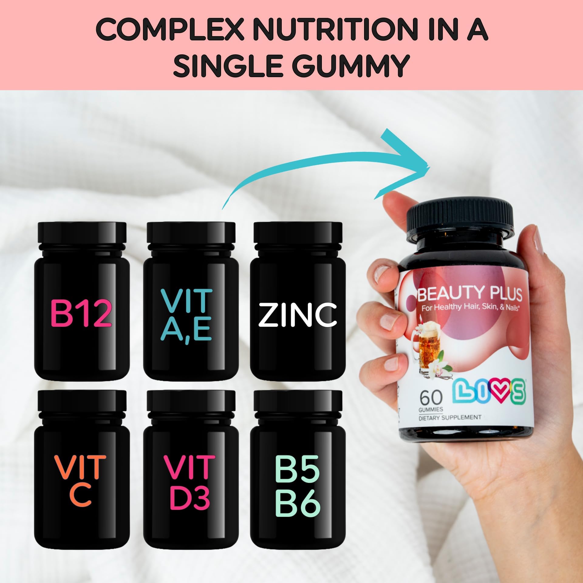 Livs Beauty Plus daily chew in hand, simple routine.