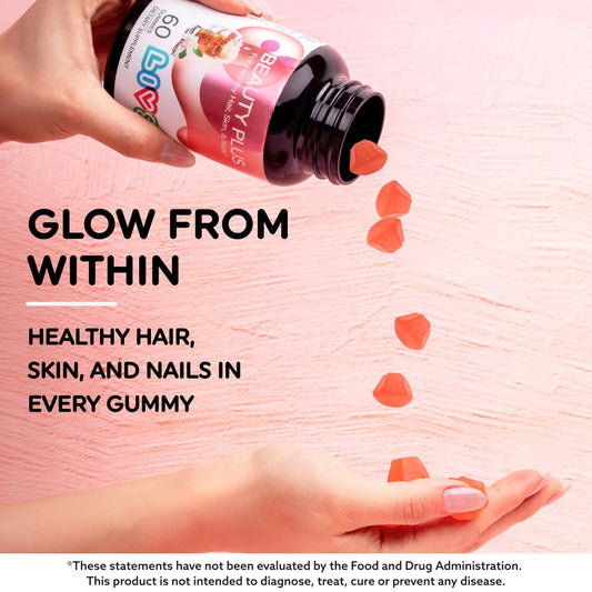 Livs Beauty Plus gummies close-up, chewy texture for convenient supplementation.