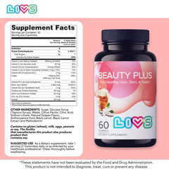 Livs Beauty Plus ingredient label, highlights gluten-free and vegan formula.
