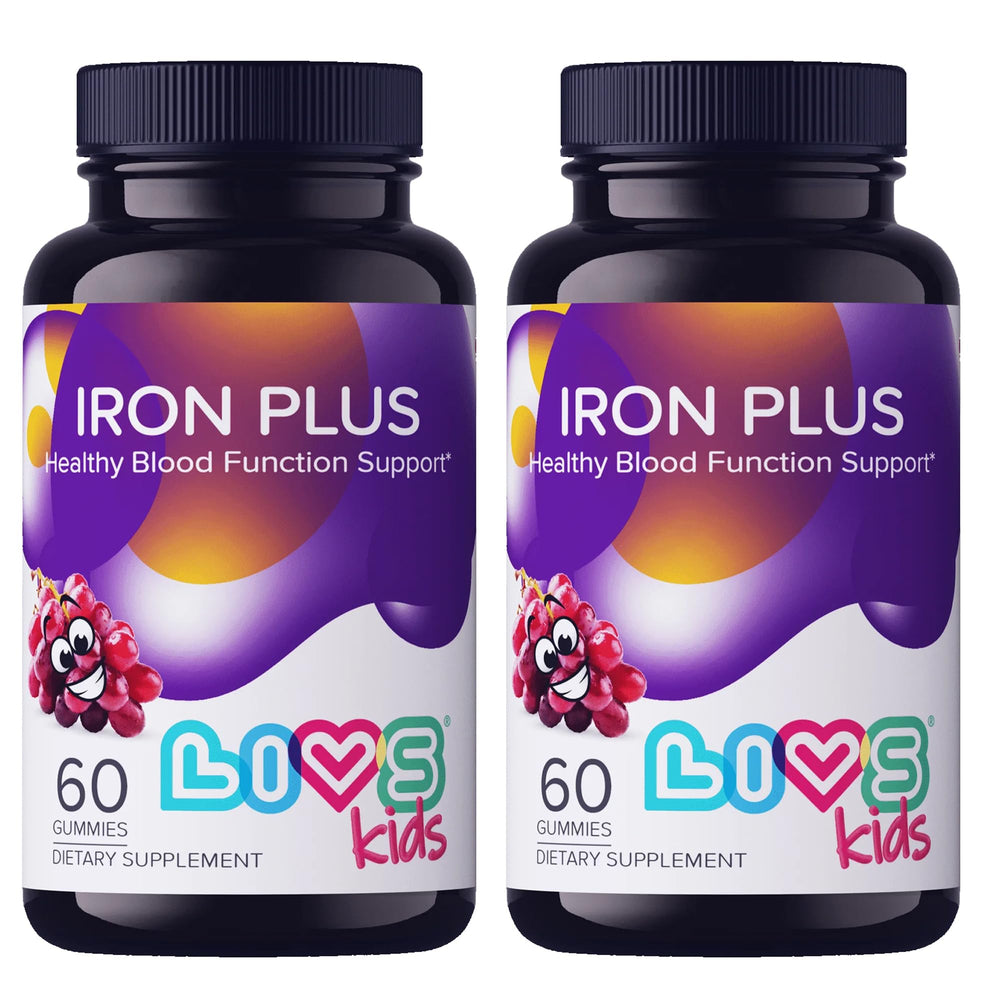 LIVS iron gummies for kids in grape bottle highlight chewable convenience