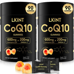 LKINT CoQ10 gummies orange bottle close-up for daily energy support.