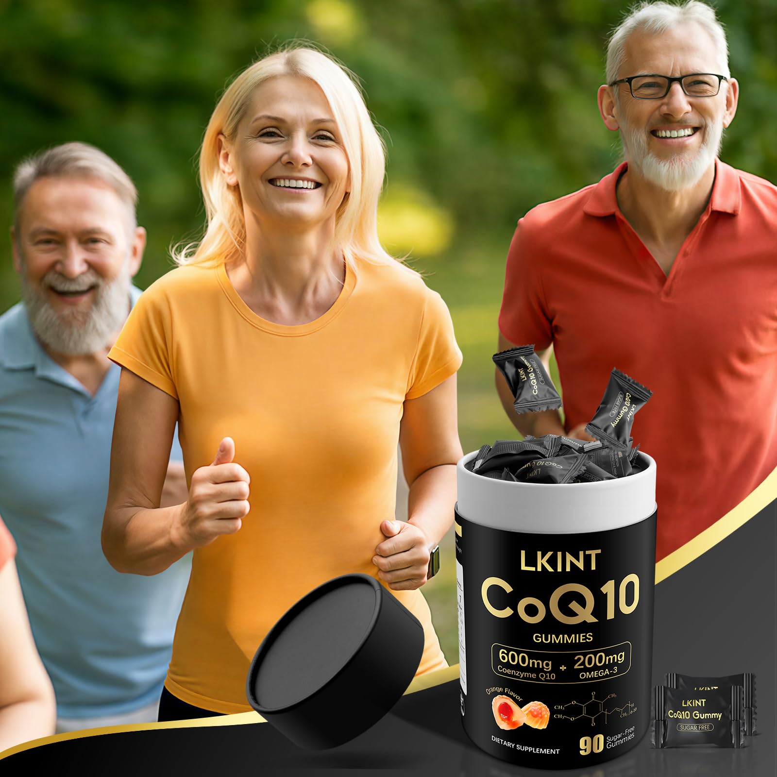 LKINT CoQ10 gummies sugar-free label with natural orange flavor.