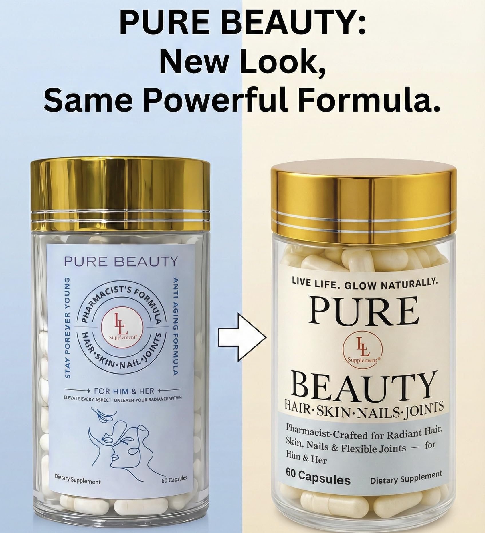 Pure Beauty capsule close-up emphasizes collagen and hyaluronic acid for hydrating benefits.