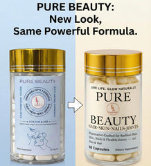 Pure Beauty capsule close-up emphasizes collagen and hyaluronic acid for hydrating benefits.