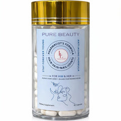 LL Supplement Pure Beauty bottle with gold cap highlights premium skin, hair, and nails support.