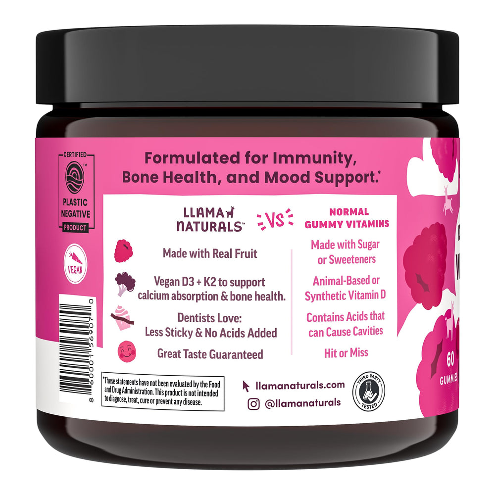 Llama Naturals daily dosing for adults and kids supports healthy bone and mood.