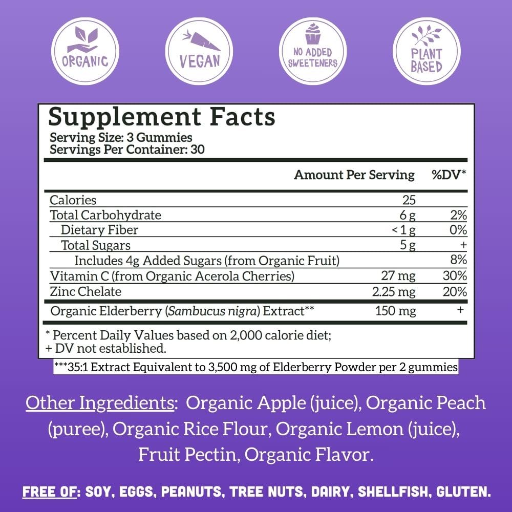 Llama Naturals elderberry gummies ingredients close-up highlighting organic elderberry and vitamin C.
