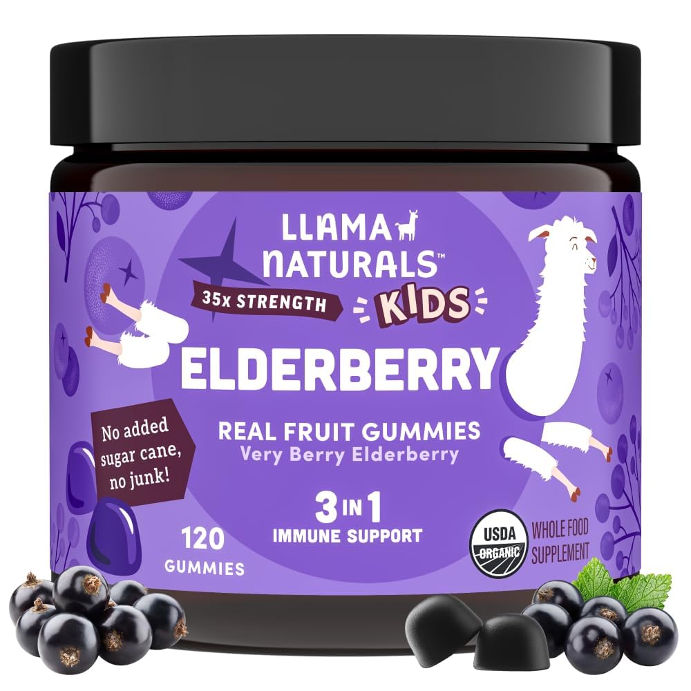 Llama Naturals Elderberry Gummies for Kids bottle on table, supports immune routine