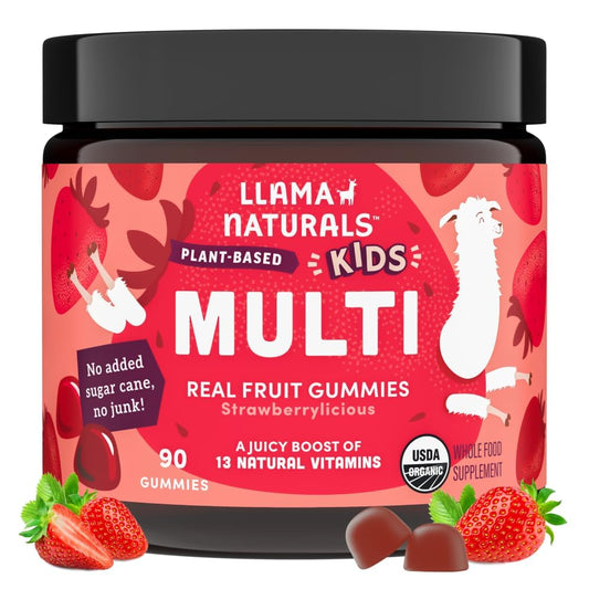 Llama Naturals Kids Multivitamin Gummies strawberry bottle close-up highlighting immune support and daily energy