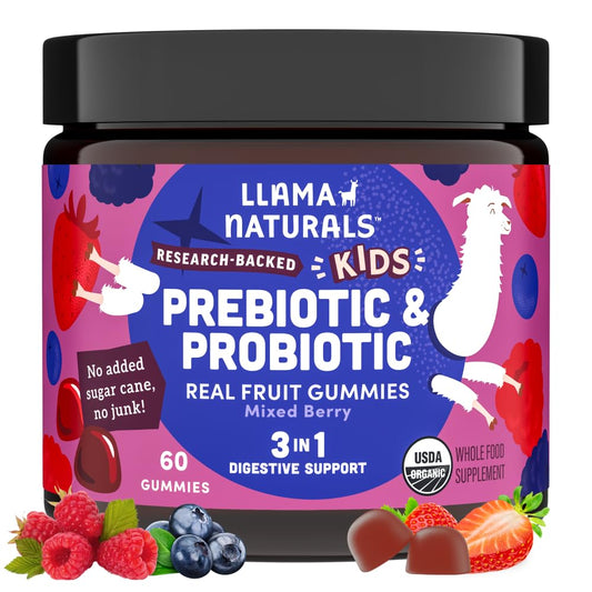 Llama Naturals Kids Probiotic bottle front promotes gut support with vegan gummies.