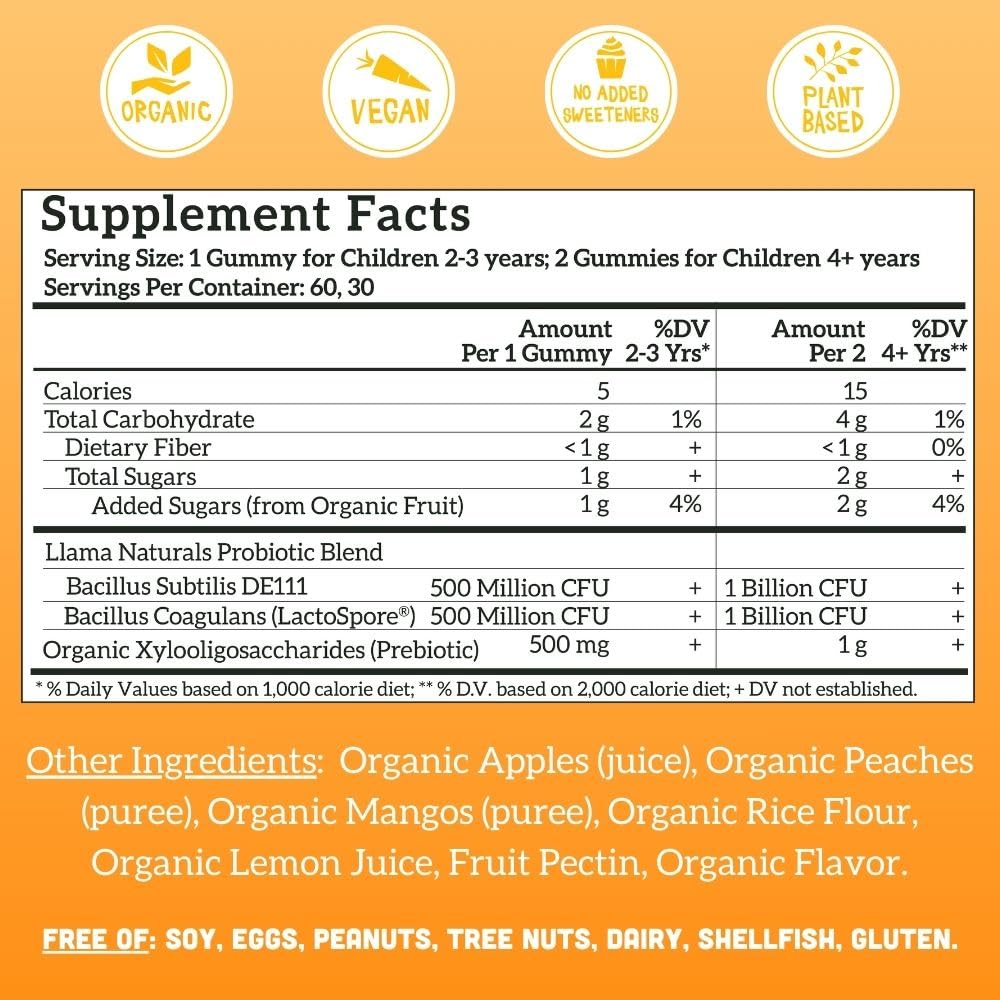 Llama Naturals peach mango gummies ideal for picky eaters seeking tasty gut-friendly support
