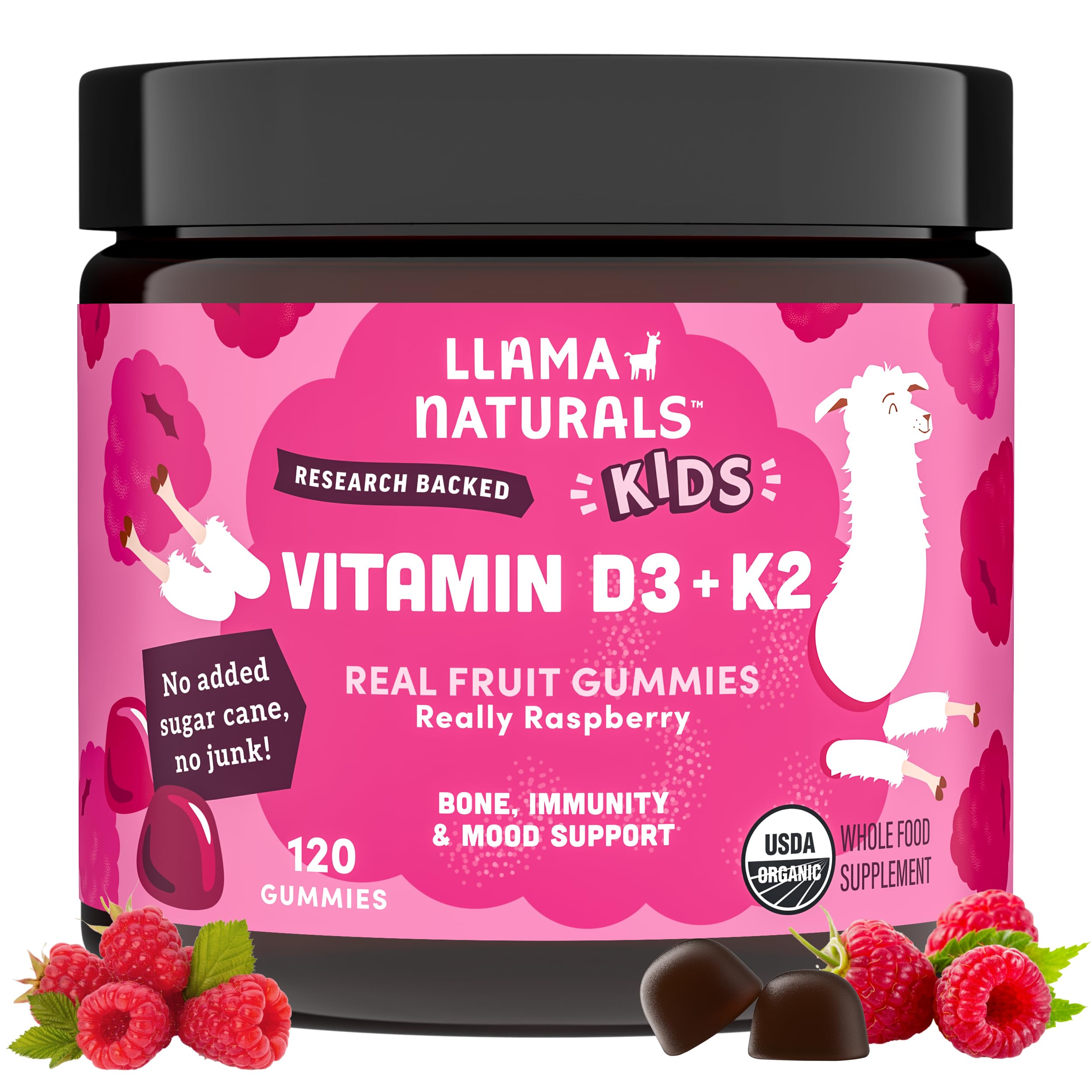 Llama Naturals kids vitamin D3 K2 gummies raspberry bottle promoting healthy bones and immune support