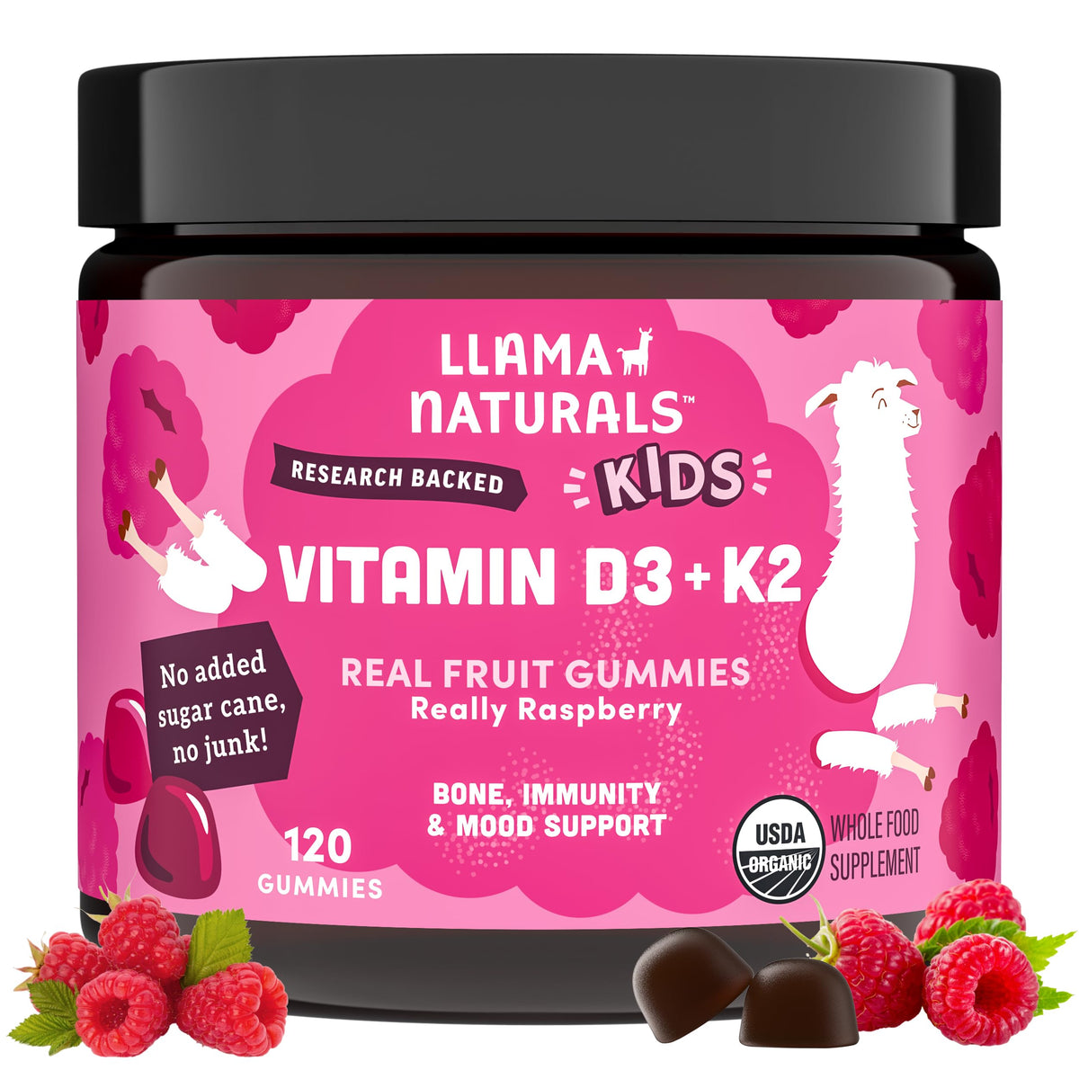 Llama Naturals kids vitamin D3 K2 gummies raspberry bottle promoting healthy bones and immune support