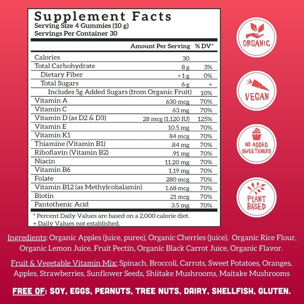Llama Naturals multivitamin organic fruit ingredients panel highlights natural nutrients.