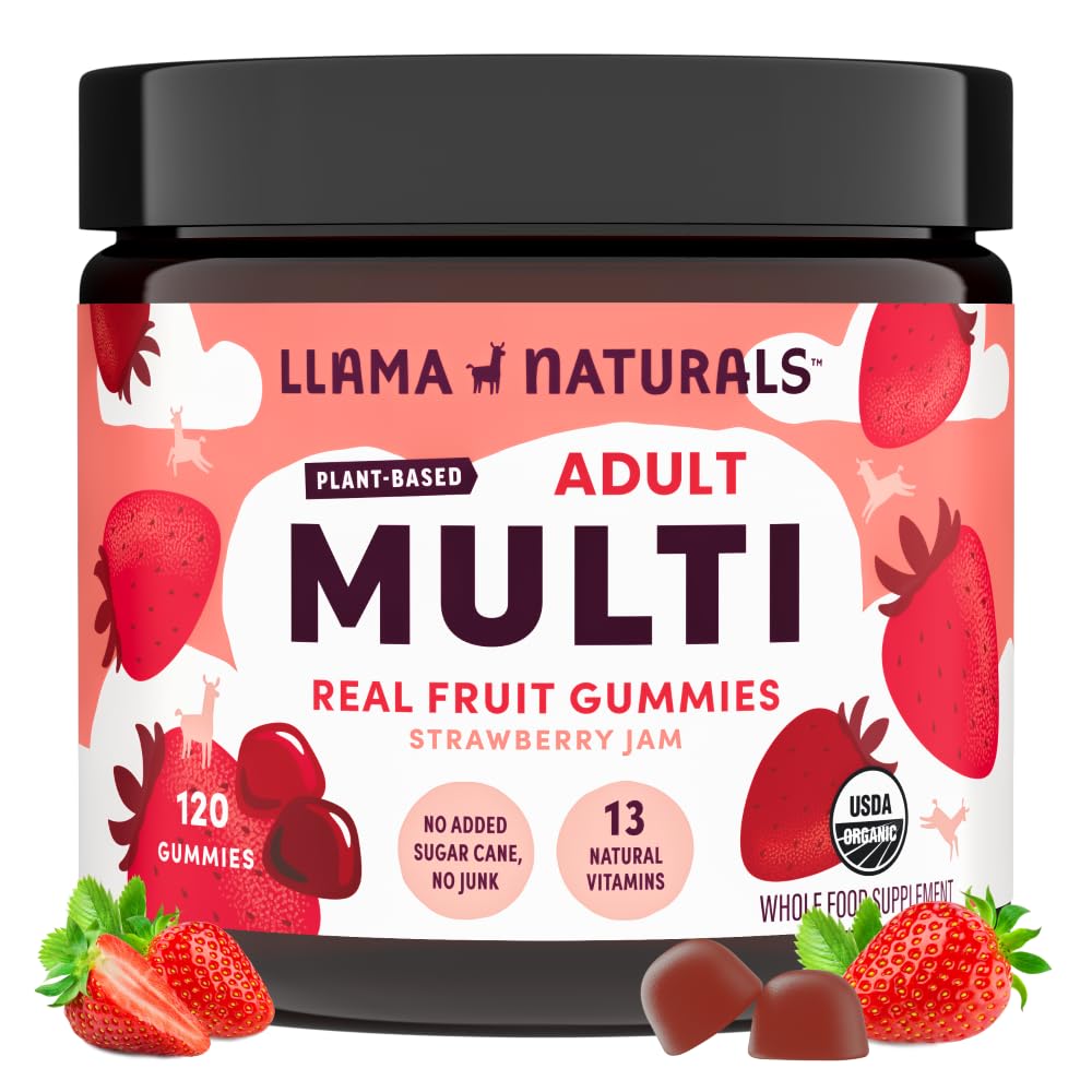 Llama Naturals multivitamin strawberry bottle, highlighting daily nutrition benefits.