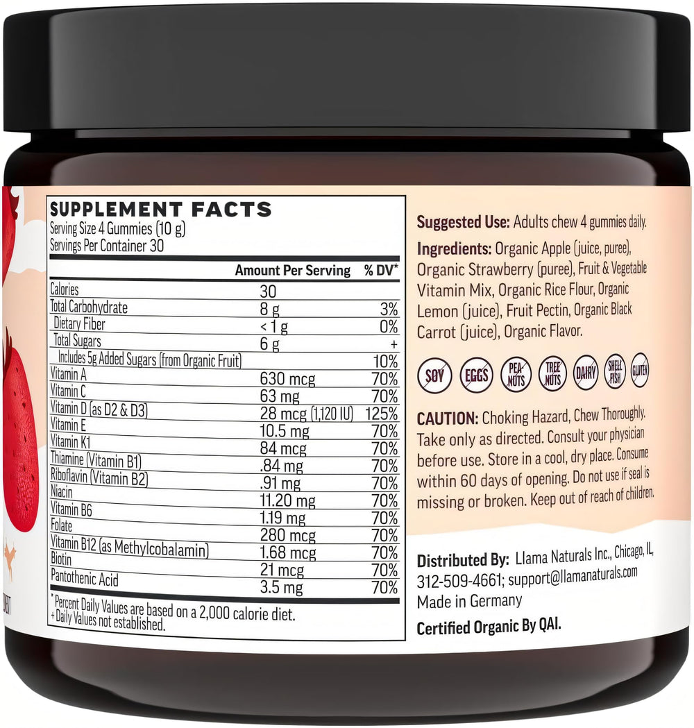 Llama Naturals organic fruit blend highlights real fruit nutrients for absorption.