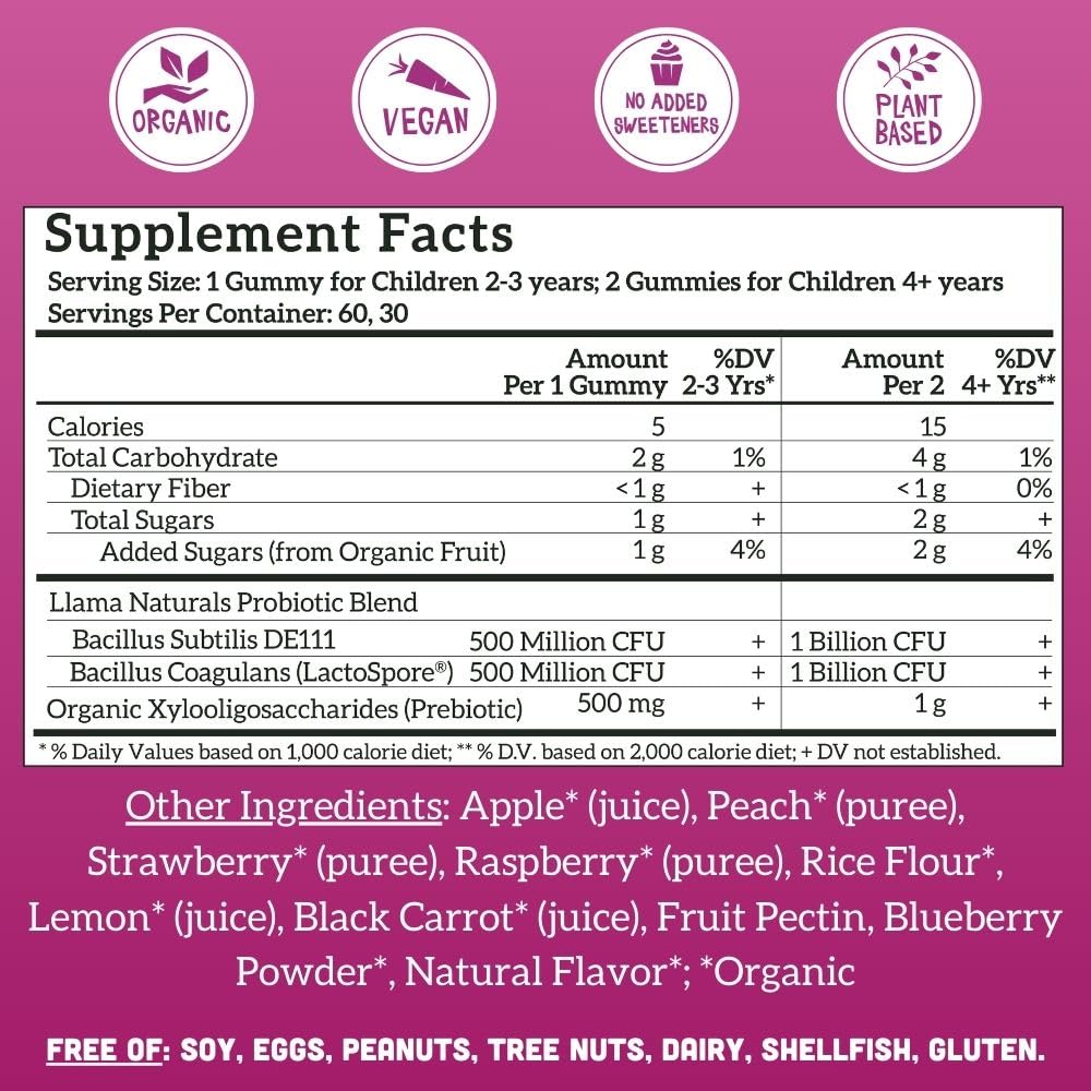 Llama Naturals probiotic gummies close-up shows chewy texture and real fruit.