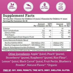 Llama Naturals probiotic gummies close-up shows chewy texture and real fruit.