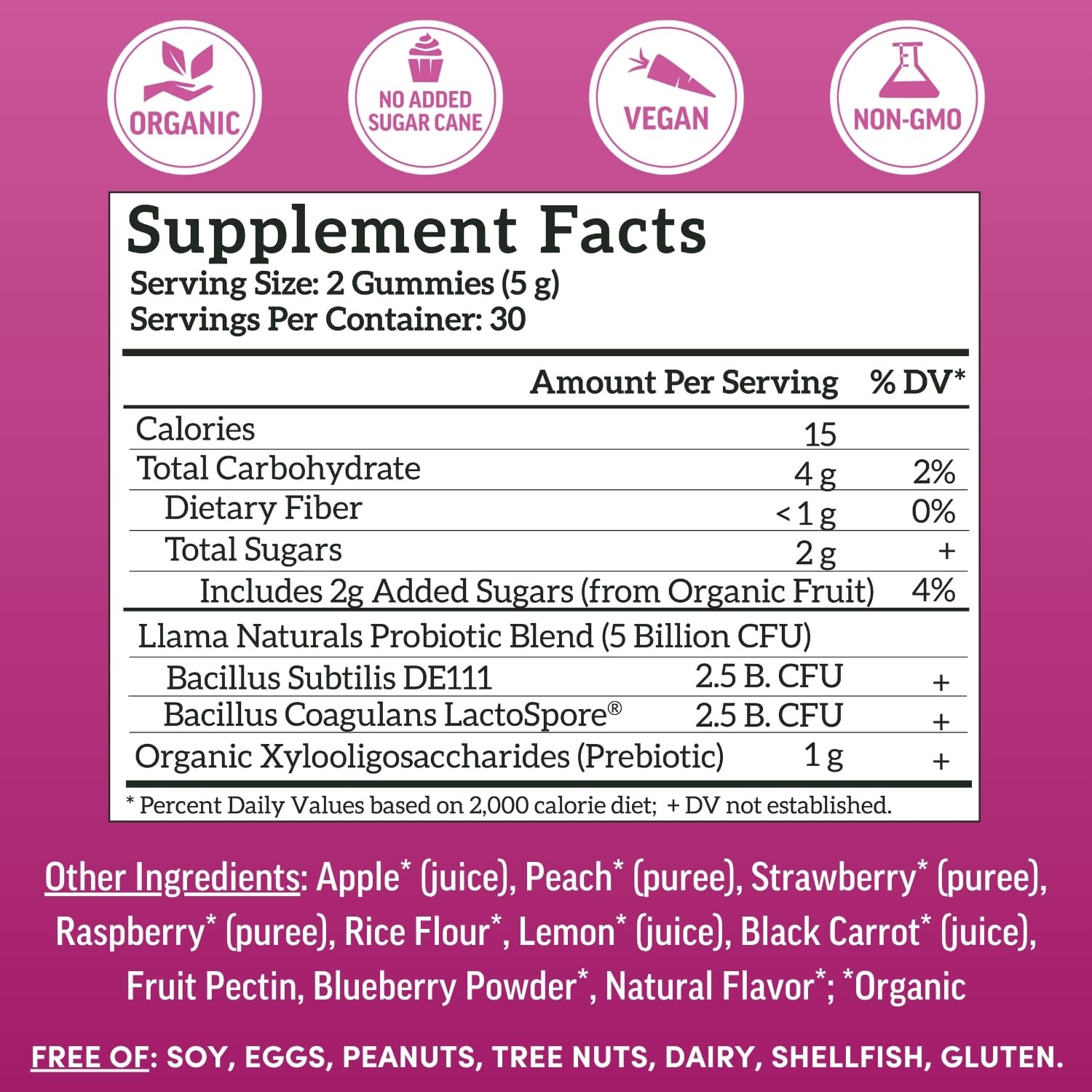 Llama Naturals packaging highlights Organic XOS prebiotic with probiotics