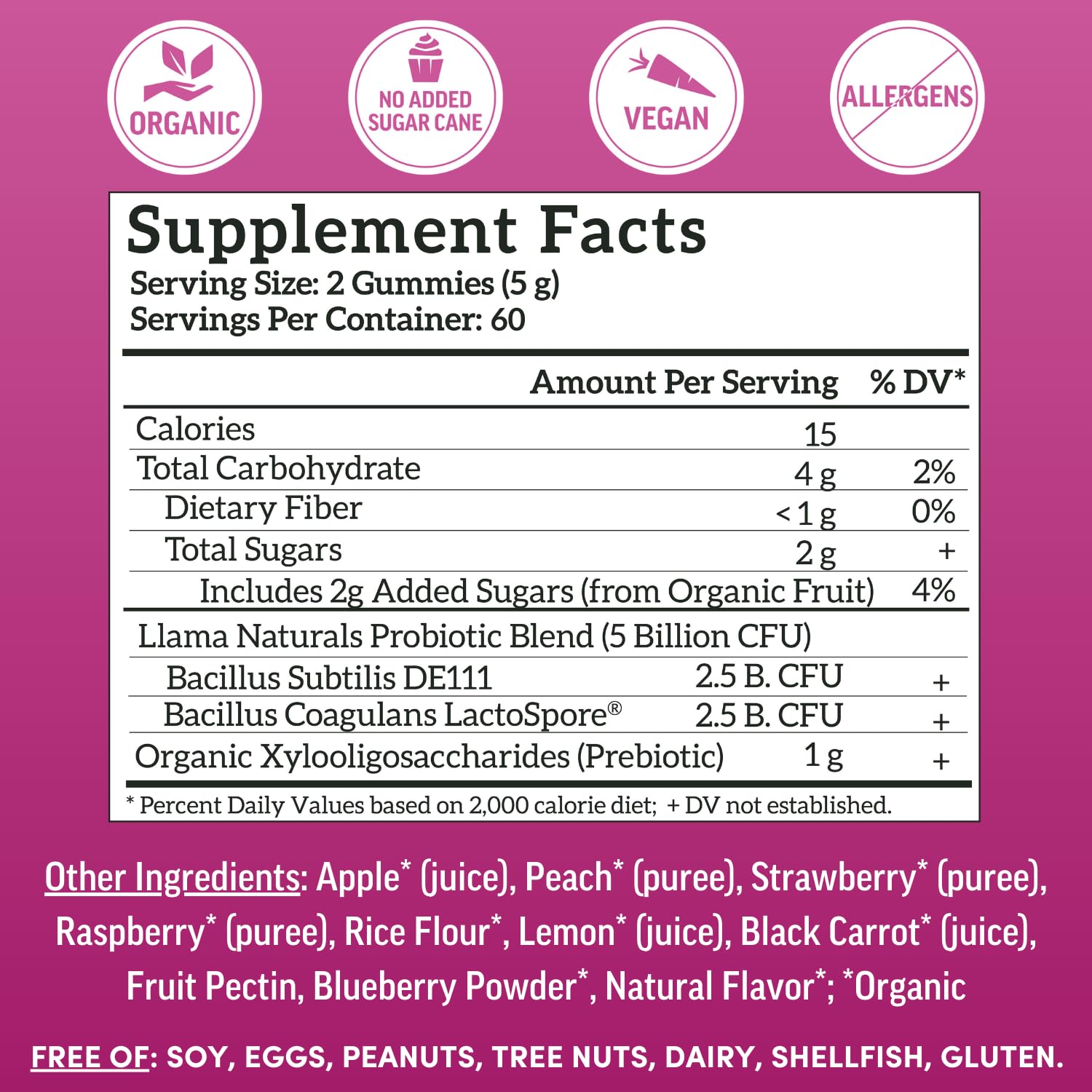 Llama Naturals probiotic gummies daily use for digestive comfort.