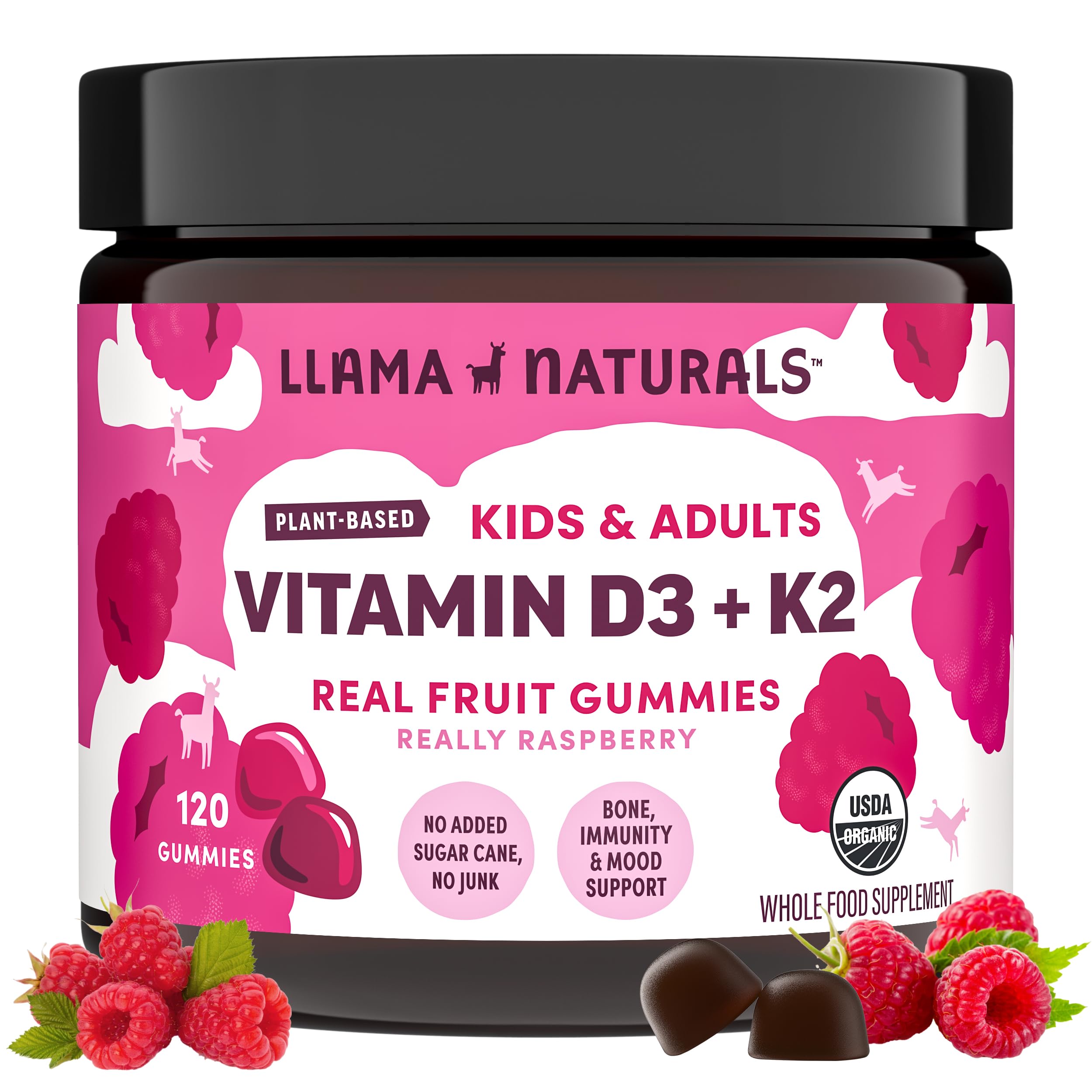 Llama Naturals Vitamin D3 K2 gummies bottle with raspberry flavor for daily bone support.