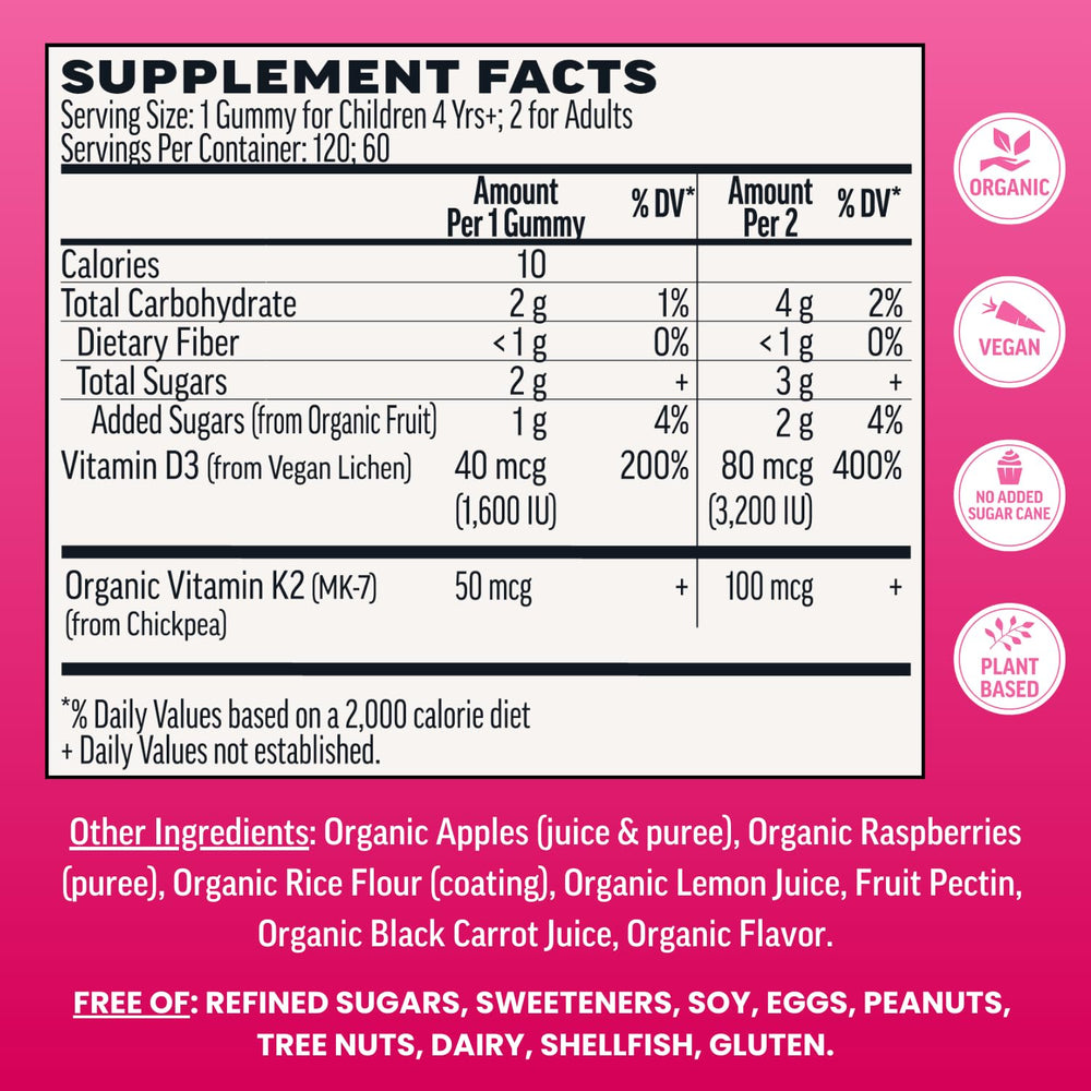 Llama Naturals vegan D3 K2 gummies close-up highlighting organic real fruit ingredients for immune and bone wellness.