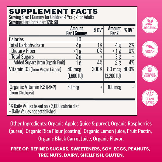 Llama Naturals vegan D3 K2 gummies close-up highlighting organic real fruit ingredients for immune and bone wellness.