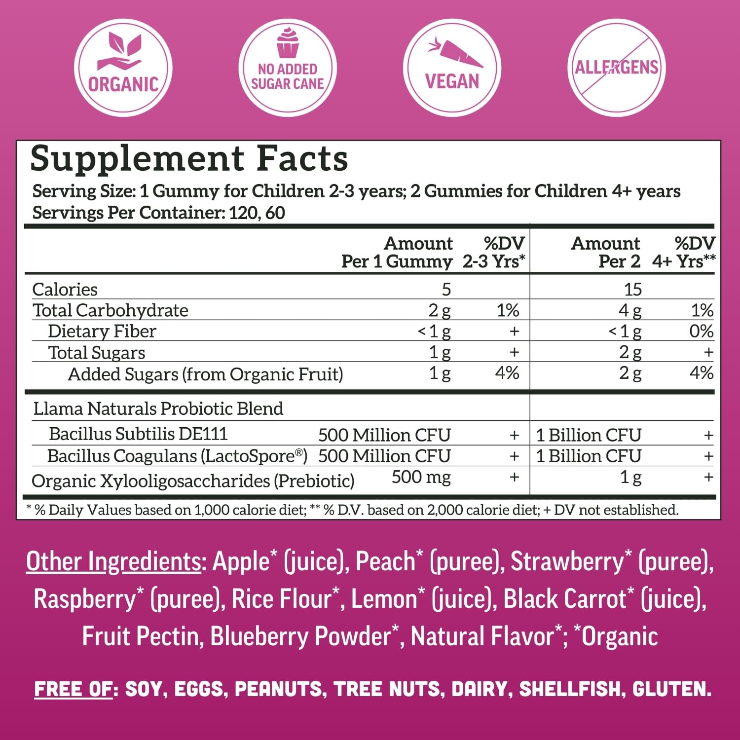 Llama Naturals vegan label on gummies emphasizes plant-based ingredients