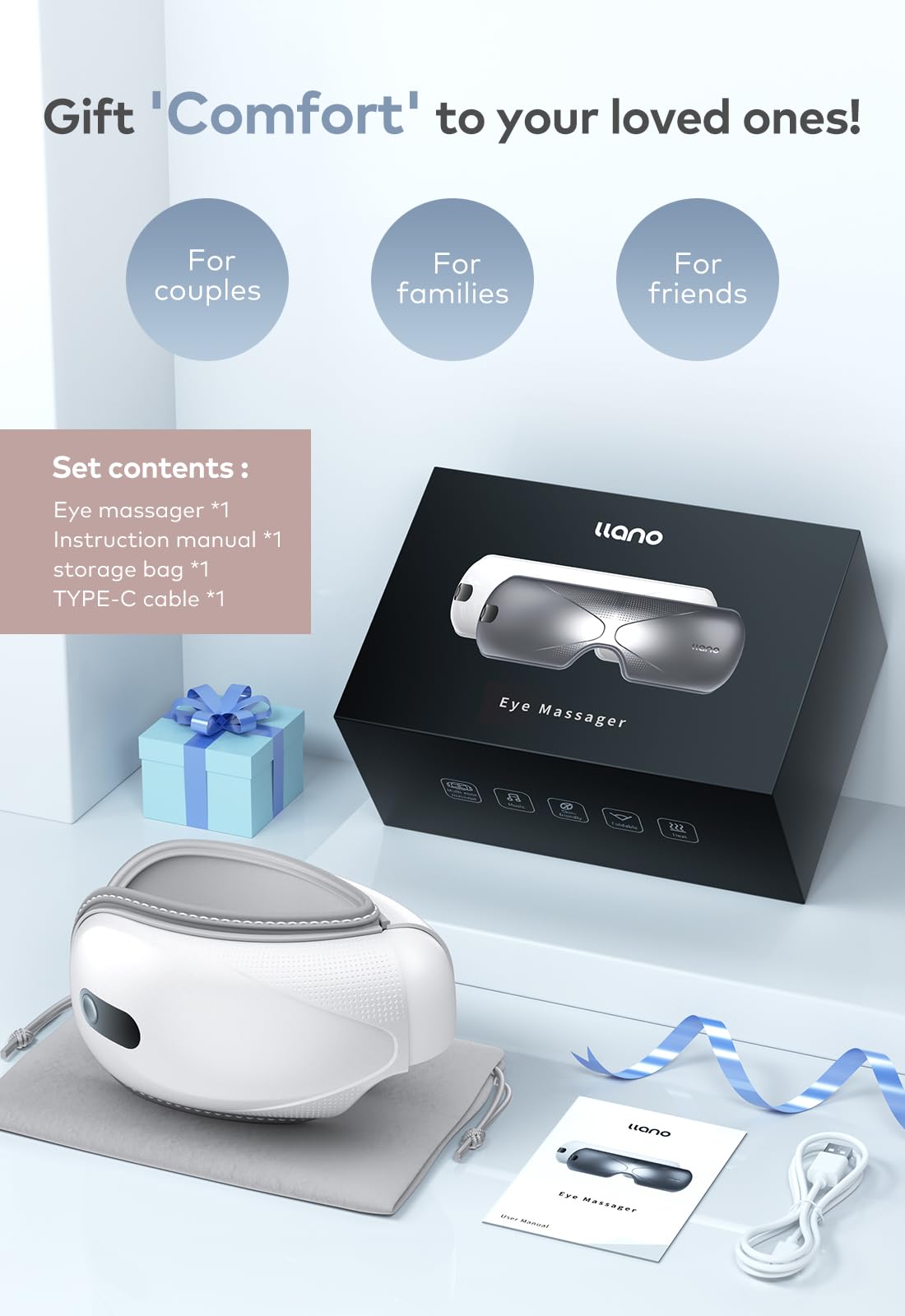 Llano Eye Massager uses 8D air pressure for a gentle massage.