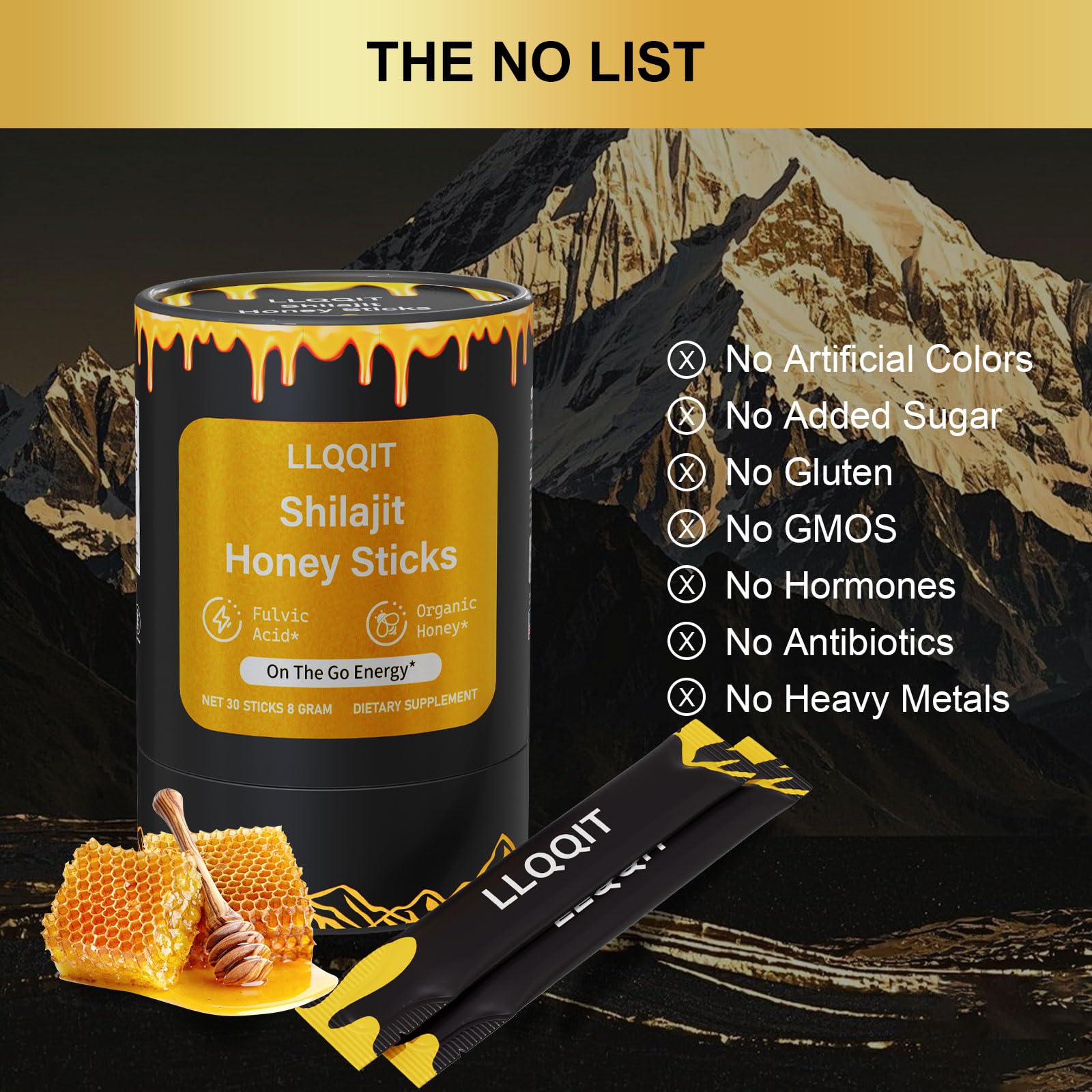 LLQQIT Shilajit Honey Stick being stirred into a beverage for flavor and energy.