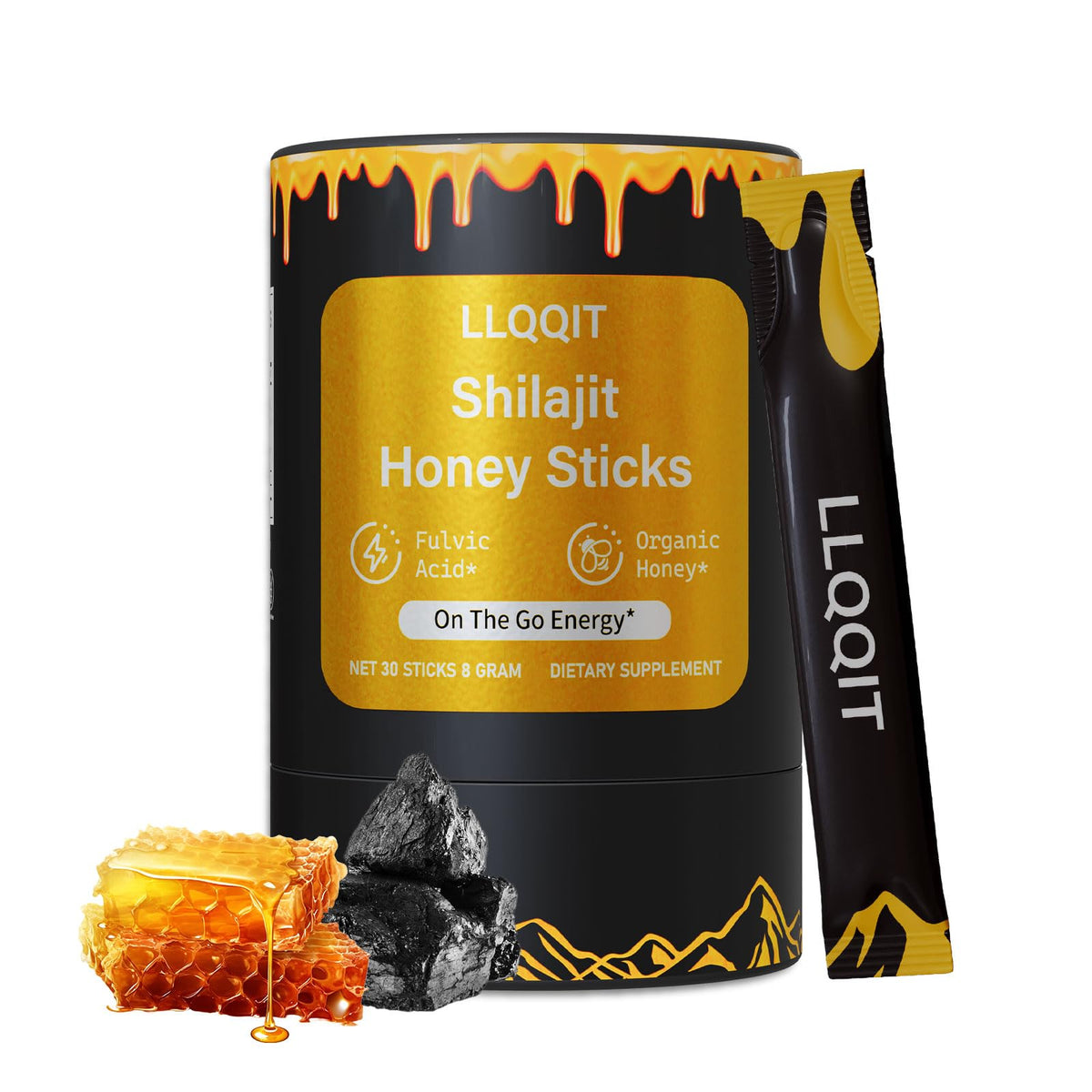 LLQQIT Pure Himalayan Shilajit Honey Stick packaging highlights portable energy support.