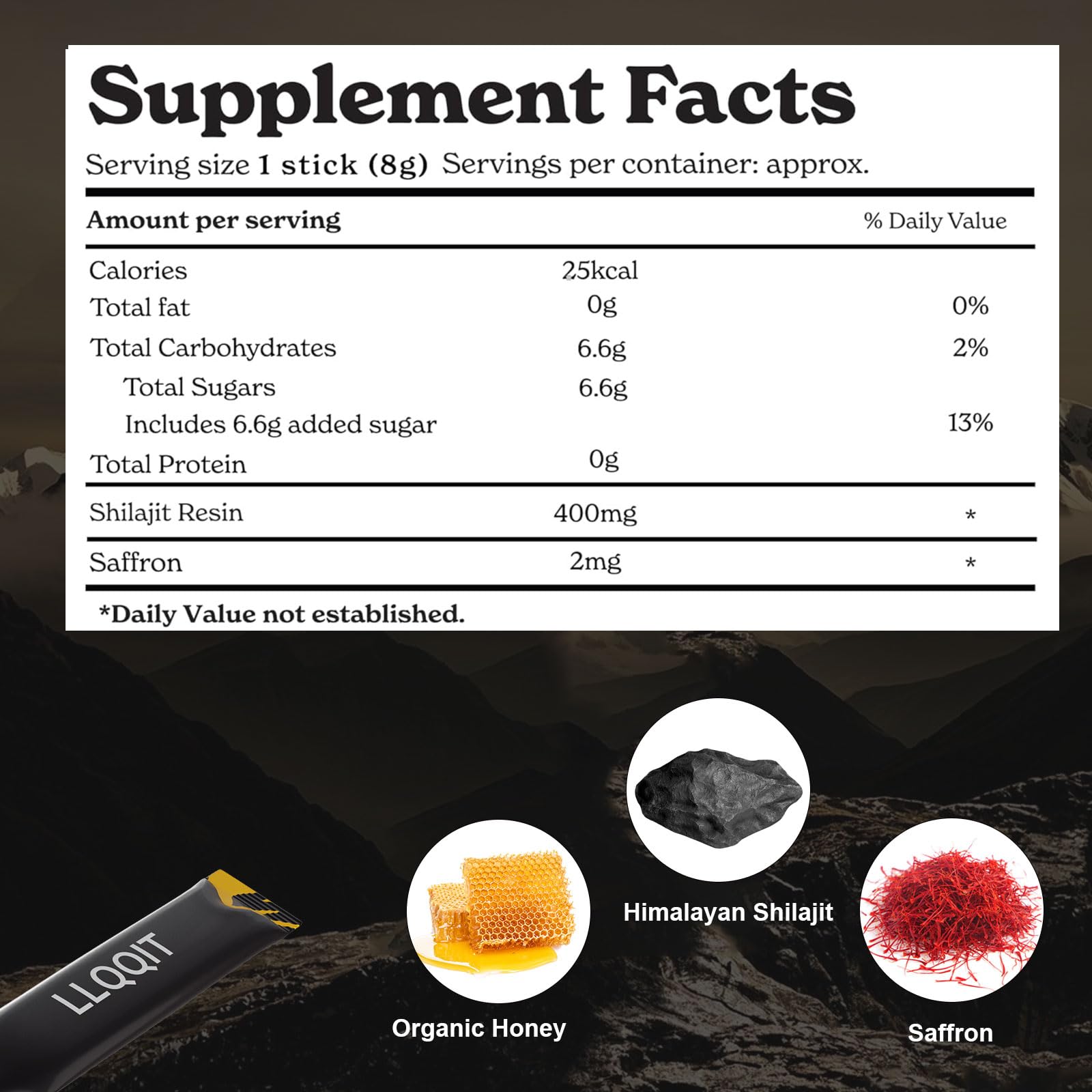 LLQQIT Himalayan Shilajit Honey Stick with saffron detail shows premium ingredients.