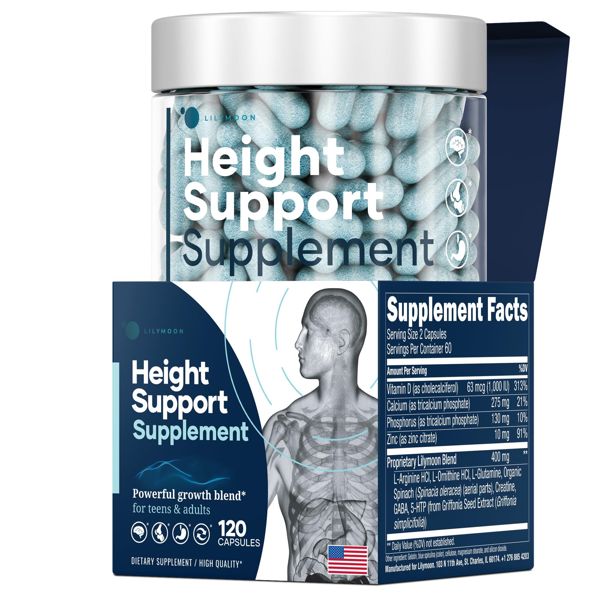 LM LILYNUTRAMOON height bottle closeup, bone-support capsules for kids.
