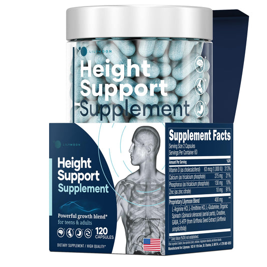LM LILYNUTRAMOON height bottle closeup, bone-support capsules for kids.