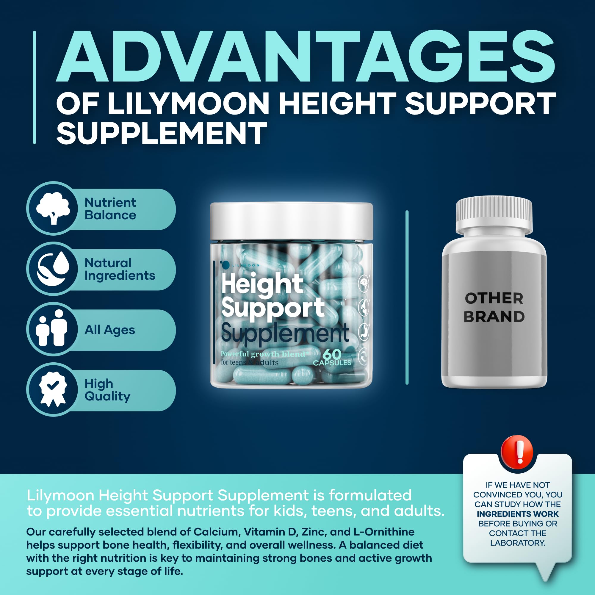 LM Lilynutramoon height capsules beside a dosing spoon for easy use