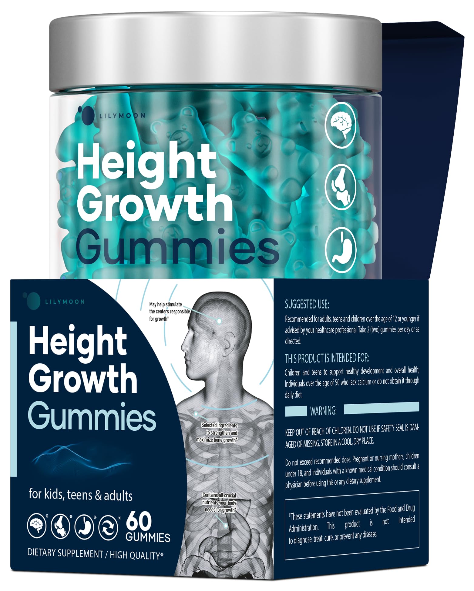 LM Lilymoon Height Growth Gummies bottle shown for bone support and daily nutrition