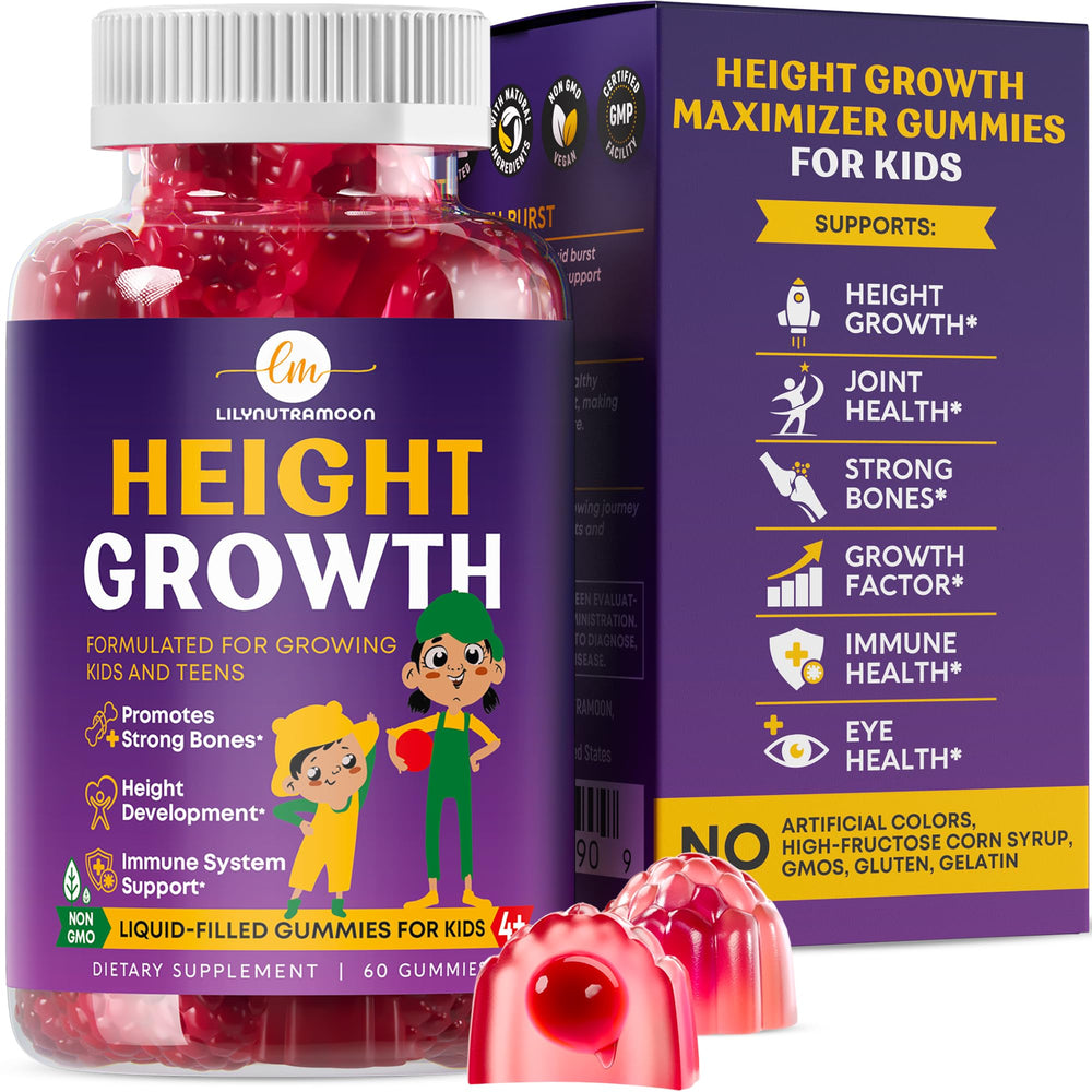 LM LILYNUTRAMOON Height Growth Gummies jar shows balanced minerals for growing bones
